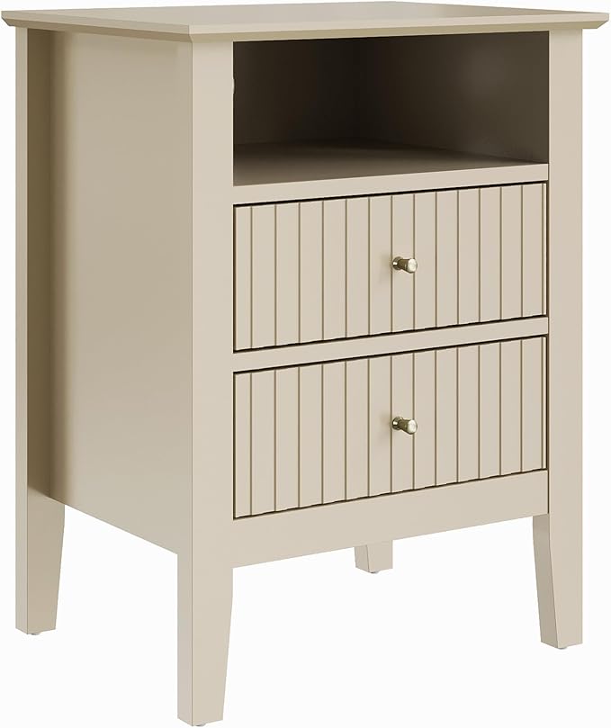 RoyalCraft Beige Fluted Nightstand with 2 Drawers, Colorful Nightstand for Bedroom, Modern Wooden End Table with Storage for Small Spaces, Tall Side Sofa Table for Couch, Home Office