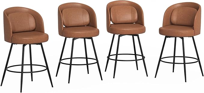 LUE BONA 26''H Swivel Bar Stools Set of 4, Counter Height Bar Stools with Backs, Lumbar Pillow and Black Metal Frames, Upholstered Modern Barstools for Kitchen Island, Faux Leather, Brown