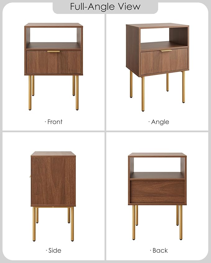 Aienvey Night Stand, Modern Nightstand with Drawers, Bedside Table, Gold Small Side Table for Bedroom, Living Room End Table (Walnut Stripe, 1 Drawer)