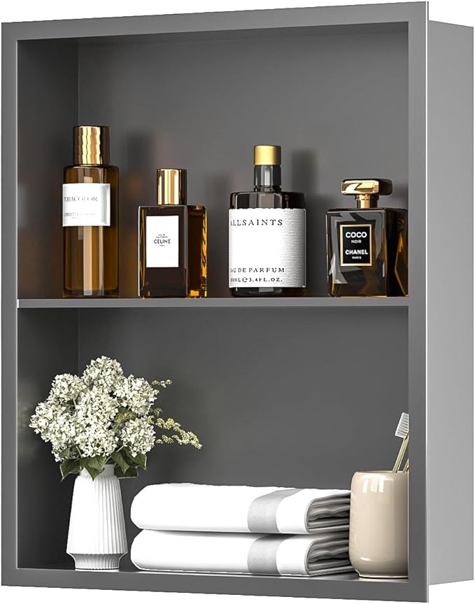 14x18 Recessed Medicine Cabinet, Bathroom Wall Cabinet, 304 Stainless Steel Recessed Wall Niche with 2-Tiers Shelves, Matte Gray