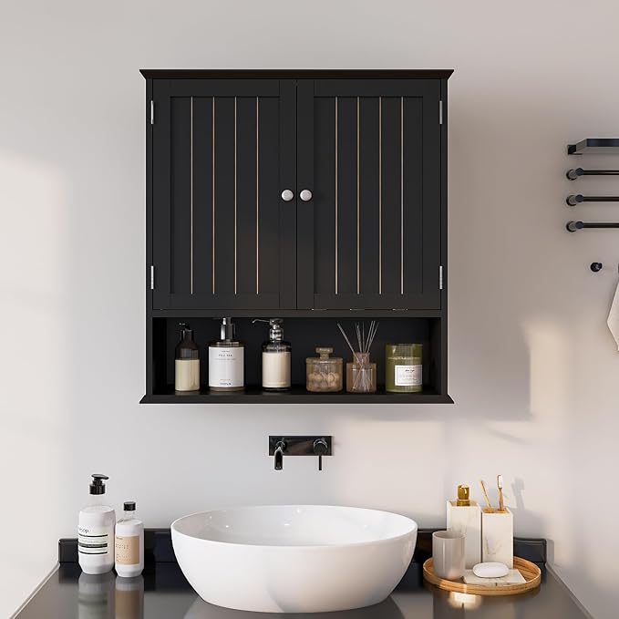 Viaozutis Over The Toilet Bathroom Wall Cabinet with 2 Doors and Open Shelf, Wooden Space Saving Storage Cabinet, Medicine Cabinet for Bathroom Organization,Black