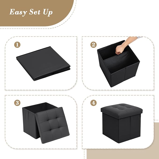 Athena Collection Leather Square Ottoman with Storage, 15 Inch Small Storage Ottoman, Multipurpose Footstool Foot Rest for Living Room, Bedroom, Dorm, Black