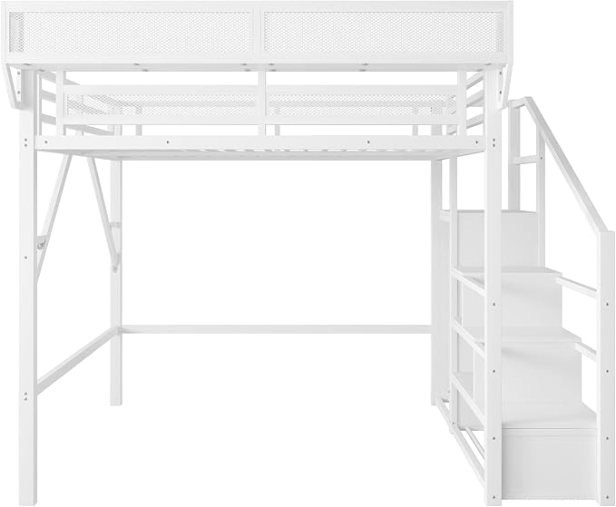 KEIKI Full Size Metal Loft Bed Frame with Convertible Staircase, Built-in Storage Shelves and Wardrobe, Loft Bed with Solid Slats, Guardrail, No Box Spring Required, Easy Assembly, for Bedroom, White