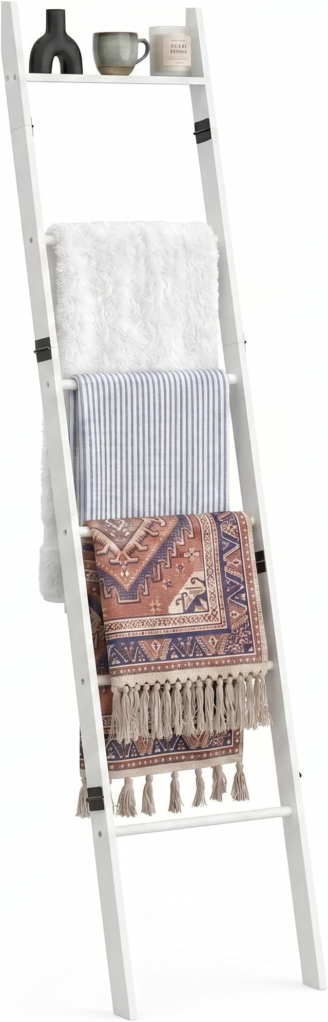 6 Tier Blanket Ladder with Shelf, Wooden Blanket Rack for Living Room, Leaning Towel Ladder Rack for Bedroom, Bathroom, Quilts, Throws, Towels and Farmhouse Décor White