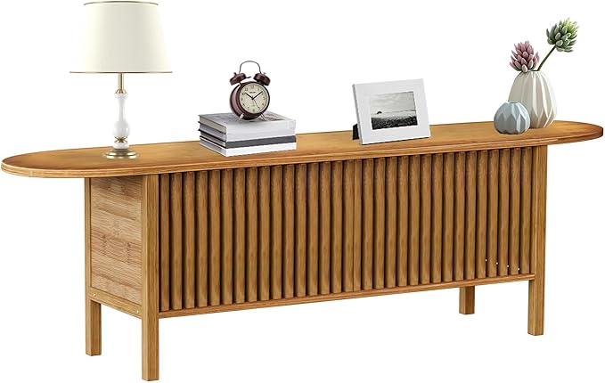 Bamboo TV Stand for TVs up to 65", Accent Entertainment Center with Storage, Media Console Table with Fence Door, Modern TV Stand for Living Room, Bedroom, 55"(L), Walnut