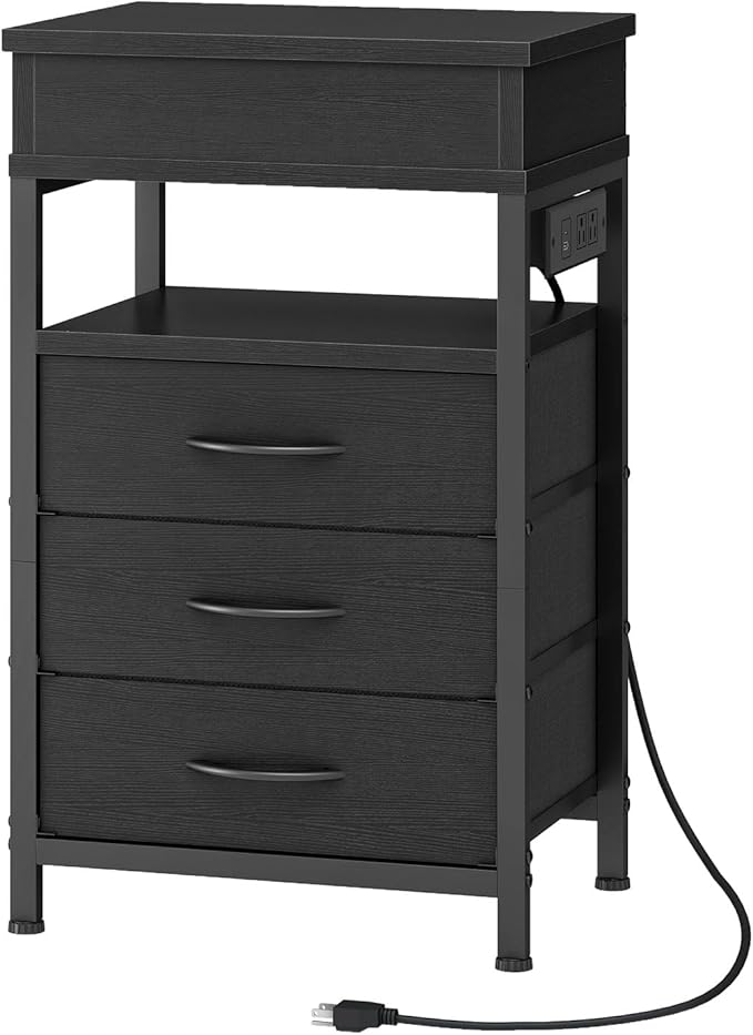 HOOBRO Nightstand with Charging Station, Bedside Table with Fabric Drawers, End Table with Lockable Hidden Compartment, 2 AC Outlets, 1 USB-A, 1 Type-C, for Bedroom, Black BB143UBZ01