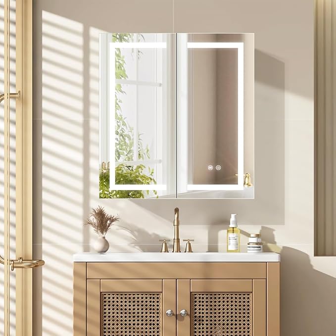 LED Medicine Cabinet,Bathroom Mirror Cabinet with Lights,30×32inch,Equip with Internal Light,Aluminum Construction,USB Shaver Socket,3 Color,Dimmer,Demister,Surface Mounted and Recess Mounted