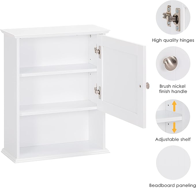Spirich Bathroom Cabinet Wall Mounted with Single Door, Wood Hanging Cabinet with Adjustable Shelf White
