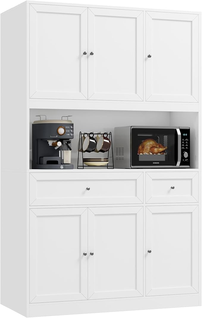 BOTLOG 72" Kitchen Pantry Cabinet, Kitchen Hutch with Microwave Stand, Buffet Cabinet with Hutch for Dining Room, White