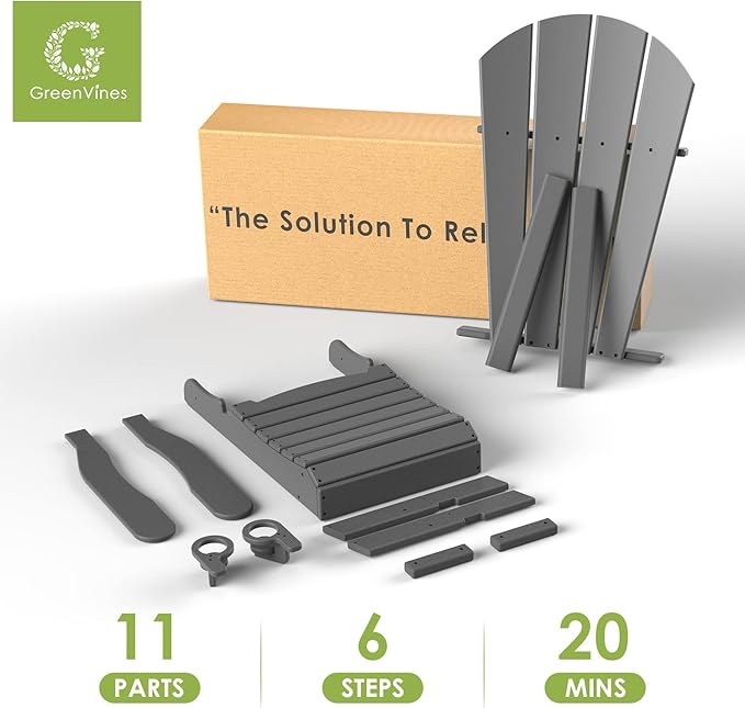 GREENVINES Adirondack-Chairs-with-Ottoman | Set of 2 | Folding | Retractable-Footrest | HDPE Plastic | All Weather Fire Pit Chair | Cup Holders | Grey | for Outdoor Poolside