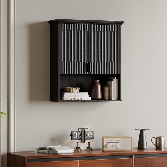 Fatmok Bathroom Wall Storage Cabinet, Medicine Cabinet with Adjustable Wood Shelf & Doors, Over the Toilet Storage Cabinet for Laundry Room & Living Room Kitchen,Black