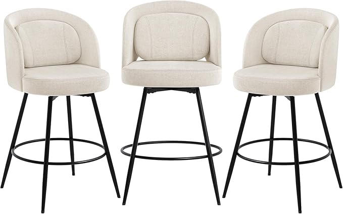 LUE BONA 26''H Swivel Bar Stools Set of 3, Counter Height Bar Stools with Backs, Lumbar Pillow and Black Metal Frames, Upholstered Modern Barstools for Kitchen Island, Linen Farbic, Linen Color