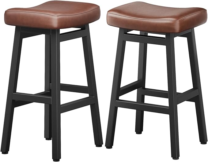 Raynesys 29 Inches Bar Stools Set of 2, Bar Height Barstools for Home Counter, Blackless Barstool with Bonded Leather Saddle Seats & Heavy Duty Metal Legs, Easy Assembly, Brown/Black