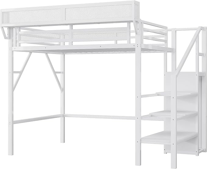 KEIKI Twin XL Size Metal Loft Bed Frame with Convertible Staircase, Built-in Storage Shelves & Wardrobe, Loft Bed with Solid Slat & Guardrail, No Box Spring Required, Easy Assembly, for Bedroom, White