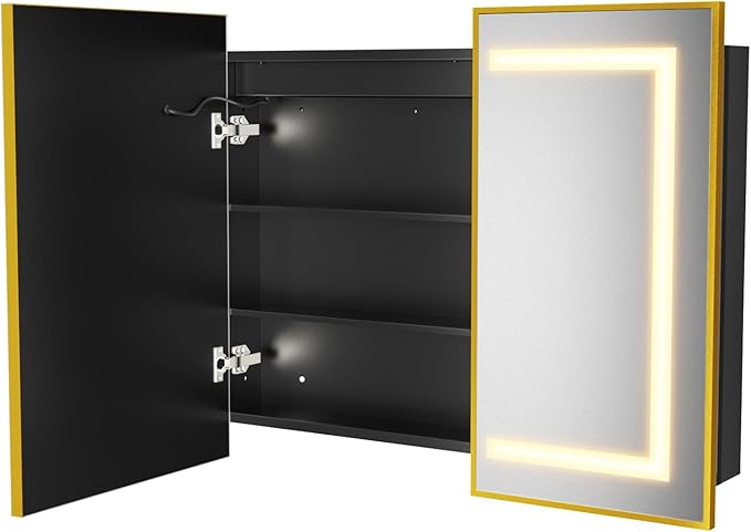 APRILSOUL 40x32 Inch Lighted Bathroom Medicine Cabinet with Mirror, Gold Recessed or Surface Mount Medicine Cabinet Mirror with Storage and LED Lights, 3 Colors Temperature, Dimmable Light