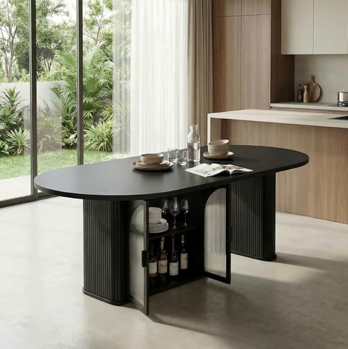 ONBRILL 70 Inch Oval Dining Table for 6-8, Modern Dining Room Table with 2-Tier Storage Space, Wood Kitchen Table with LED Light, Dinner Table with Heavy Duty Legs, Black