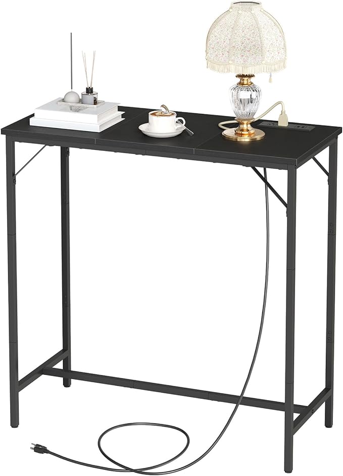 HOOBRO Bar Table with Charging Station, Rectangular Pub Table, High Top Coffee Table, Counter Bar Height Table, Narrow Long Dining Table, 35.4" L x 15.7" W x 35.6" H, Black BB90UBT01N1
