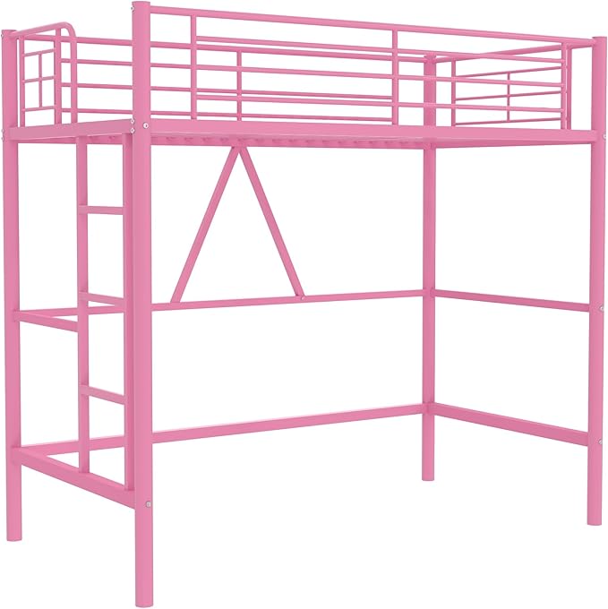 VECELO Loft Bed Twin Size, Metal Bedframe with Removable Ladder and Safety Guardrail, No Box Spring Needed, Space Saving, Noise Free, Light Pink