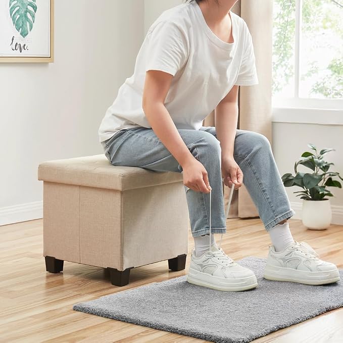 Ornavo Home 15 Inch Folding Storage Ottoman with Storage, Square Cube Linen Small Storage Ottoman Foot Rest Stool with Legs - Beige