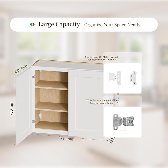 Kisart Laundry Room Cabinets Wall Mounted with Doors & Shelves, Solid Wood RTA Medicine Storage Cabinet, 36" Wx30 Hx12 D Inch White Shaker Hanging Cupboard, Space-Saving for Kitchen, Bathroom, Garage