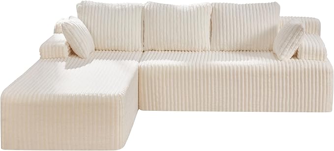Hobestluk Modular Sectional Sofa Boneless Couch L-Shape Couch 3 Seat Modular Couch Memory Foam Sectional Couches for Living Room Furniture, Cloud Couch Lounge (White Stripe, 98" Left Facing Chaise)