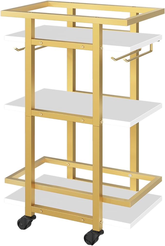 YATINEY 3 Tier Bar Cart, Home Bar Serving Cart with Wheels, Drink Cart with Glass Holder, Beverage Cart, Mobile Kitchen Cart, for Home, Garden, Party, Gold BC09DW