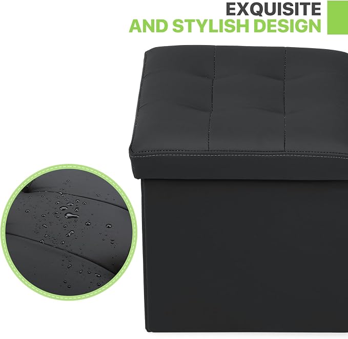 Magshion Small Folding Storage Ottoman Cube, 15 Inches PU Leather Footrest Stool, Square Ottoman with Storage for Entryway, Living Room, Bedroom, Black
