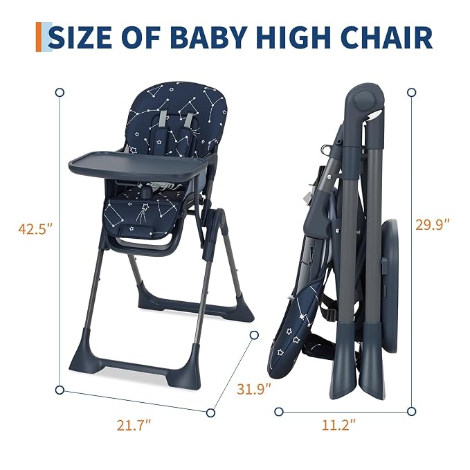 Baby High Chair, Foldable Feeding Chairs for Babies and Toddlers, Adjustable Height/Backrest/Footrest, Removable Tray, Fast Folding Blue