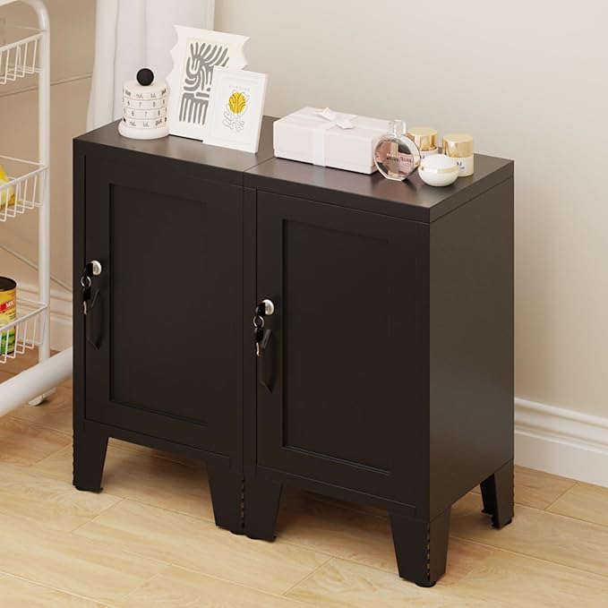 ALBAD Metal Nightstand with Lockable Cabinet, Compact Mini Locker Bedside Table for Kids & Adults, Modern Steel Side Table for Bedroom, Dorm, or Living Room (Black)