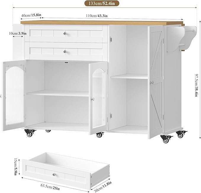 FINETONES Kitchen Island with Storage, Rolling Kitchen Island on Wheels with Wood Drop Leaf Countertop, Island Table Bar Cart with Spice Towel Rack Portable Kitchen Table Kitchen Carts on Wheels