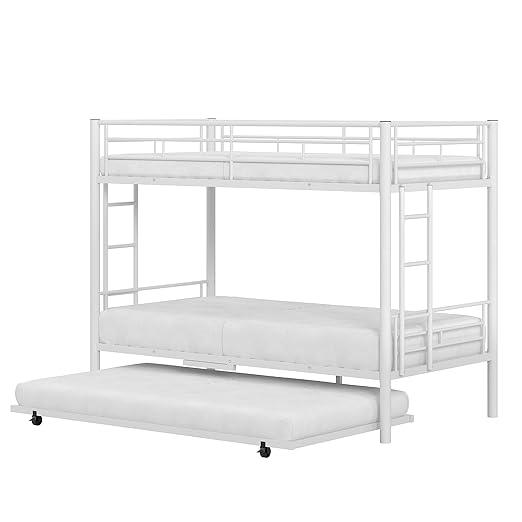 VECELO Twin Over Twin Bunk Bed with Trundle, Metal Bunkbeds with Ladder and Full-Length Guardrail, Noise Free, No Box Spring Needed, Off White