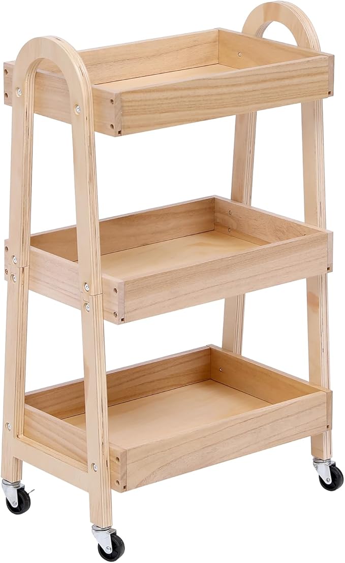 3-Tier Wooden Rolling Cart- Wooden Utility Cart wit Wheels- Utility Rolling Cart-Storage Trolley Organizer- Rolling Kitchen Cart Serving Cart for Office,Kitchen, Kids' Room (natural wood color)