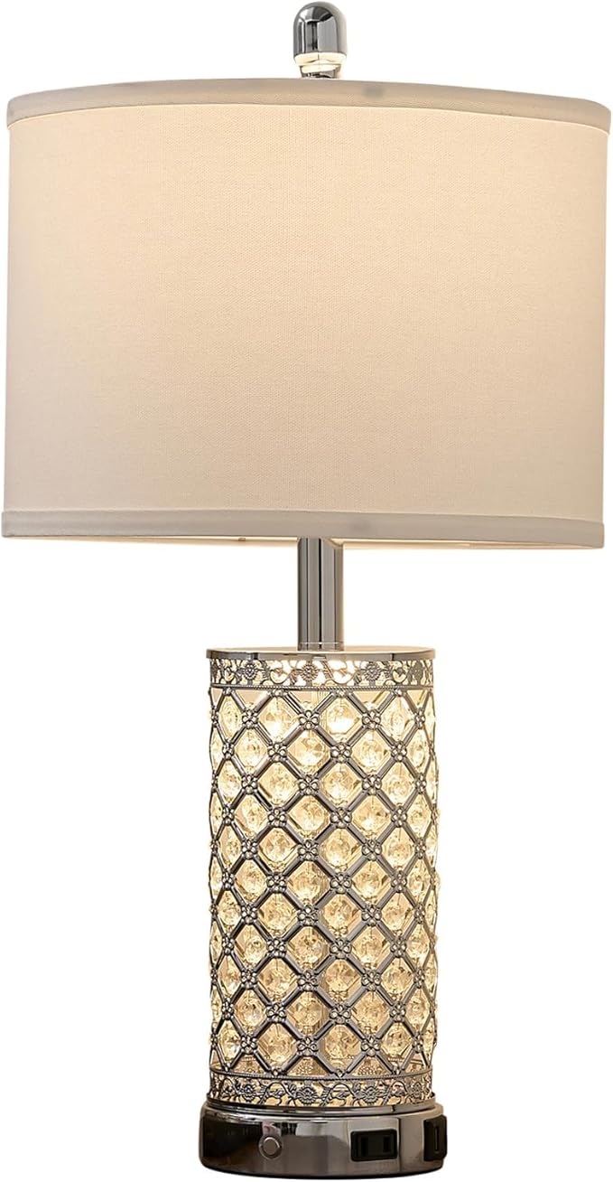 SAIWEYA Modern Crystal Table Lamp - 24in Silver Bedroom Lamps 3-Way Dimmable Touch Lamp with Night Light, 2 USB Ports + AC Outlet, Bedside Night Stand Lamp for Living Room Office (Silver- 1 Pack 24In)