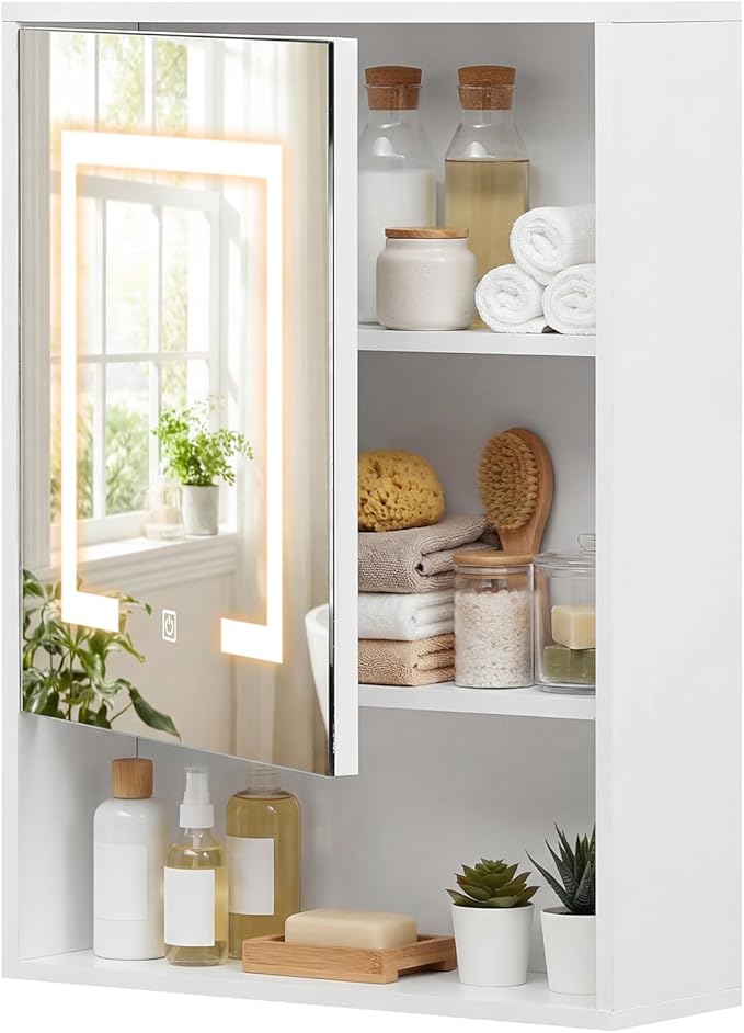 Giantex 24"x18" Medicine Cabinet with Mirror and Lights, Recessed or Wall Mounted LED Bathroom Wall Cabinet, Modern Storage Organizer with 3 Color Lights and Adjustable Shelf (White)