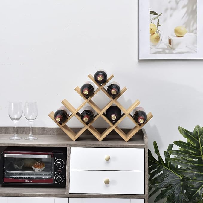 KIRIGEN 13-Bottle Wine Rack, 4-Tier Solid Wood Countertop Wine Holder, Freestanding Bottle Storage Shelf for Kitchen, Bar, Cabinet, Pantry, 22.28 x 5.9 x 13.9 in, XHJJ4-NA