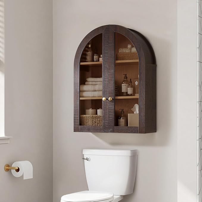 Bathroom Arched Wall Cabinet,23.5'' Wide Medicine Cabinet, Bathroom Cabinet Wall Mount W/Glass Doors & Adjustable Shelves, Over The Toilet Storage Cabinet for Laundry Room, Bedroom,Kitchen, Brown