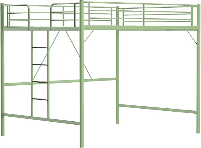 VINGLI Full Loft Bed with Flat Rungs for Adults, Kids and Young Teens, No Box Spring Required,Heavy Duty Metal Slat Support, Green