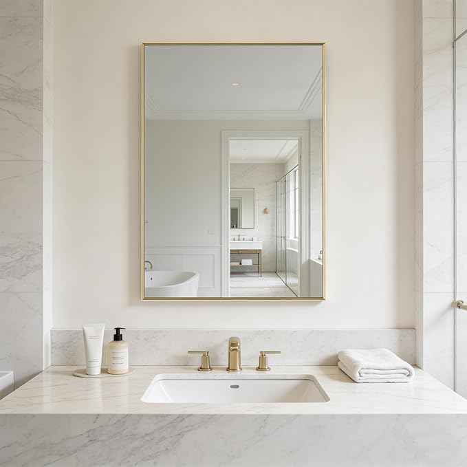 Bathroom Mirror for Wall, 30x40 Inch Metal Framed Mirror, Brushed Gold Rectangle Mirror, Bathroom Vanity Mirror Farmhouse, Tempered Glass, Anti-Rust, Hangs Horizontally or Vertically