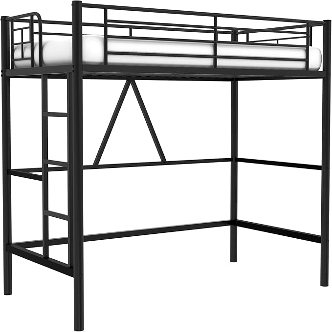 VECELO Loft Bed Twin Size, Metal Bedframe with Removable Ladder and Safety Guardrail, No Box Spring Needed, Space Saving, Noise Free, Matte Black