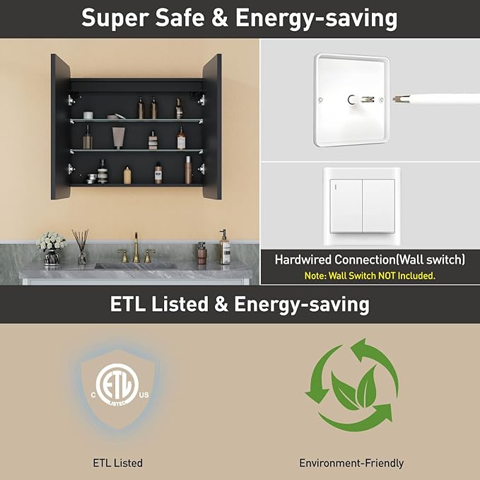 32 x 30 Inch Recessed Medicine Cabinet Mirror with Lights, Wall Mounted LED Bathroom Mirror Cabinet, Dimmable, Anti-Fog, Memory Function, 3 Color Modes, Adjustable Shelf, ETL Certified, Black