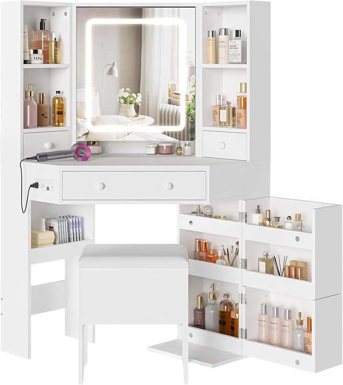 BTHFST Corner Vanity Desk with Lights and Charging Station, Makeup Vanity with Lights, Vanity Set with Mirror and Storage Stool, Makeup Table with Drawers, Rotating Shelves, White