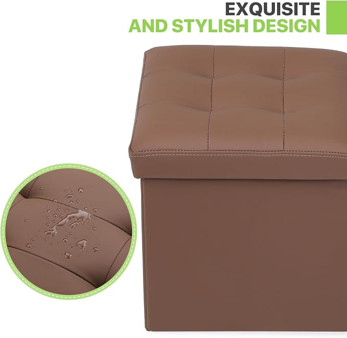 Magshion Small Folding Storage Ottoman Cube, 15 Inches PU Leather Footrest Stool, Square Ottoman with Storage for Entryway, Living Room, Bedroom, Brown