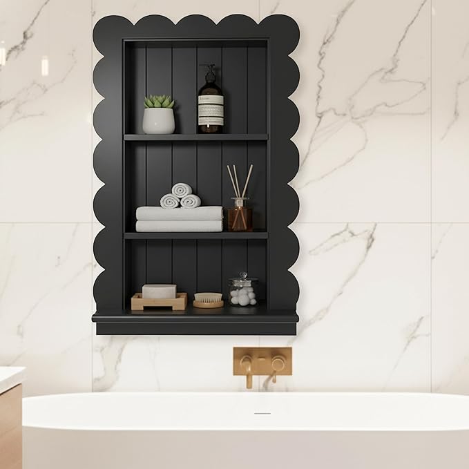 Royxen 14"x18" Recessed Medicine Cabinet, 2-Tier Wooden Bathroom Wall Cabinets Without Mirror,Scalloped Large Medicine Cabinet Niche for Bathroom Storage Organizer (Black, 18 x 24 Inch)