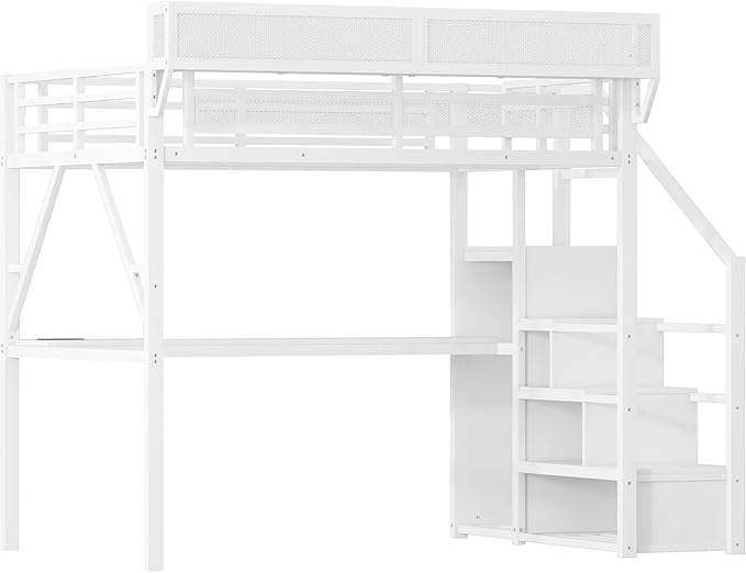 Mirightone Full Loft Bed with Desk and RGB Light, Metal Loft Bed Frame with Stairs and Bedside Shelf, Heavy-Duty Lofts Beds with Storage Shelves and Wardrobe for Kids Teens, White