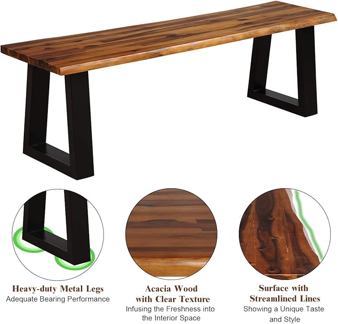 Giantex 57.5" Live Edge Acacia Wood Bnech, 3-Person Backless Outdoor Dining Bench with Metal Legs & Adjustable Foot Pads for Entryway, Balcony, Porch, Backyard, Garden and Poolside (1 Pack)