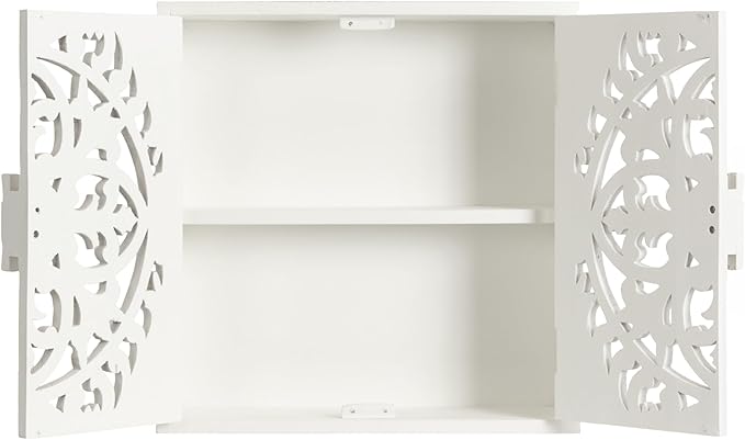 Kate and Laurel Saanvi Traditional Carved Wood Wall Cabinet; 20 x 6 x 20; White; Dimensional Over The Toilet Storage Cabinet for Bathroom Storage and Display