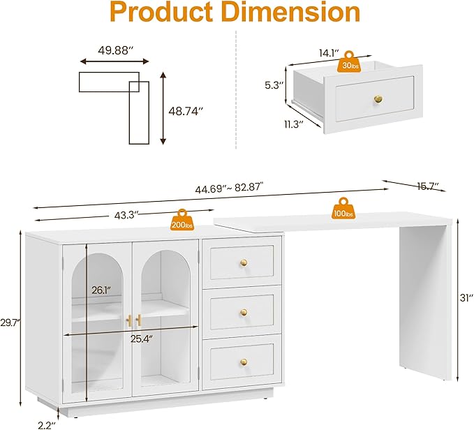 RoyalCraft 83” Large Makeup Vanity Desk, White Corner Vanity Table with 3 Drawer & 2 Door, Modern Extendable Dressing Table, Vanity Dresser Combo for Bedroom, Dressing Room (Without Mirror)