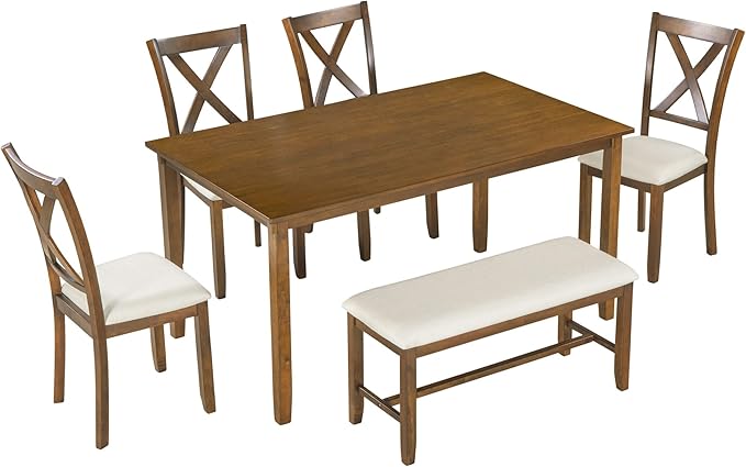 Merax 6-Piece Wooden Kitchen Dining Table Set with 4 Fabric Chairs and Bench, Family Furniture, Natural Cherry