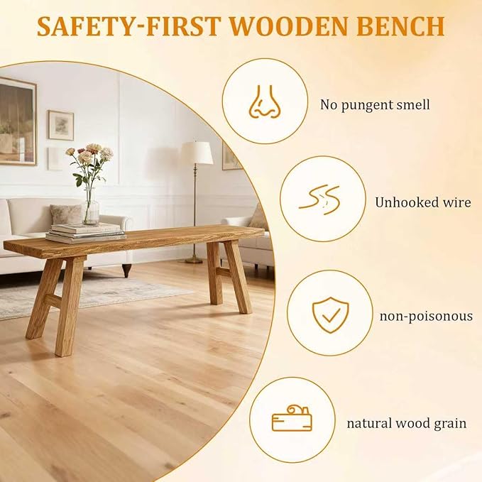 78.7" Ultra Long Solid Wood Entryway Bench - Premium Elm Wood Farmhouse Dining Bench for Commercial Spaces, Large Areas - Natural Finish