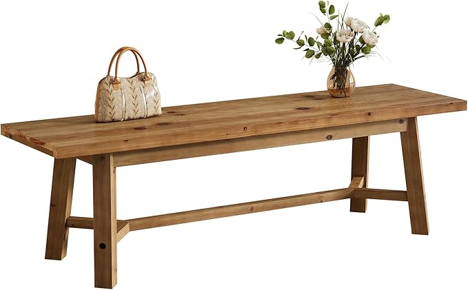 55" Solid Wood Bench, Farmhouse Long Bench Seat for Entryway, Dining Room, Living Room, Solid Wood, Rustic Brown